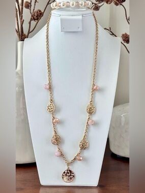 Laura Ford Filagree Goldtone cutout circle pendants,acrylic beveled pink beads
